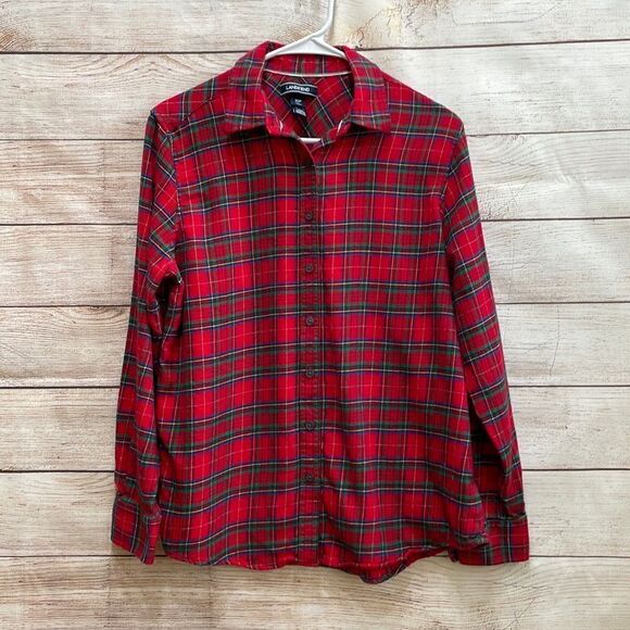 LANDS END PLAID FLANNEL SHIRT IN RED AND GREEN - Picture 1 of 5